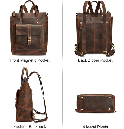 Women Genuine Leather Backpack Purse Retro Top-handle Bags Vintage Totes | Top Grain Leather, Padded Laptop Compartment, Top-handle Handbags, Vintage Casual Purse, Work Everyday