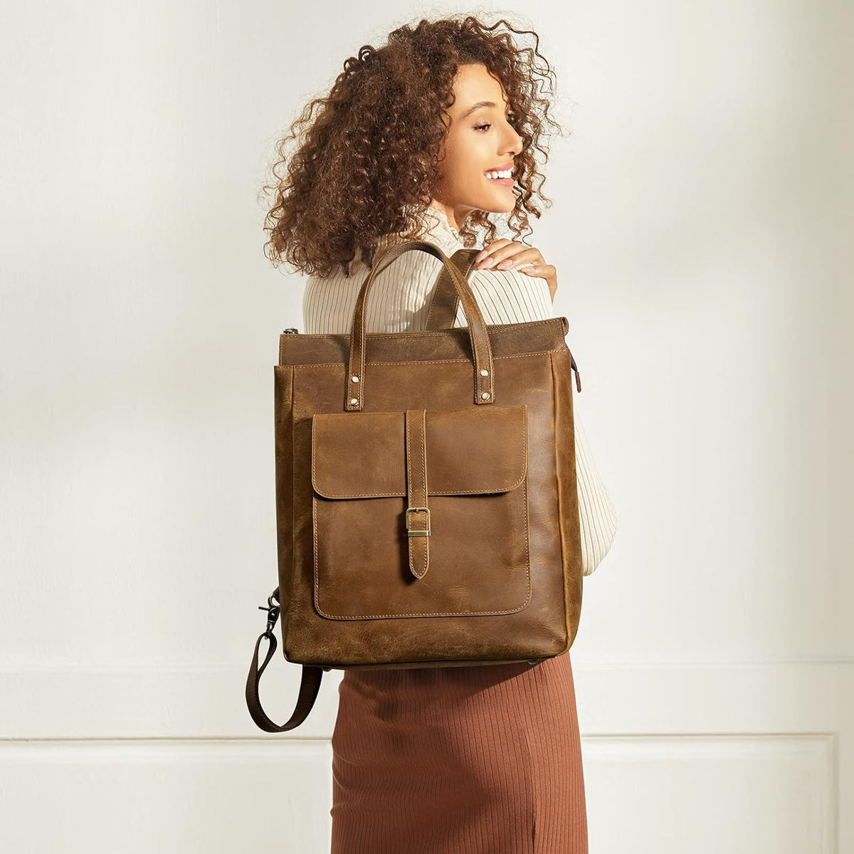 Women Genuine Leather Backpack Purse Retro Top-handle Bags Vintage Totes | Top Grain Leather, Padded Laptop Compartment, Top-handle Handbags, Vintage Casual Purse, Work Everyday