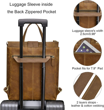 Women Genuine Leather Backpack Purse Retro Top-handle Bags Vintage Totes | Top Grain Leather, Padded Laptop Compartment, Top-handle Handbags, Vintage Casual Purse, Work Everyday