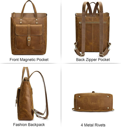 Women Genuine Leather Backpack Purse Retro Top-handle Bags Vintage Totes | Top Grain Leather, Padded Laptop Compartment, Top-handle Handbags, Vintage Casual Purse, Work Everyday