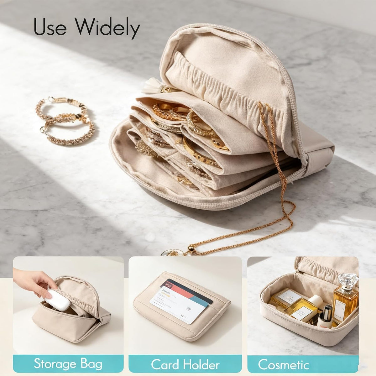 Travel Jewelry Case, Portable Jewelry Organizer with 6 Independent Layers, Small Pouch Bag for Necklace Bracelet Rings Earring Storage, Women Gift Idea (Beige)