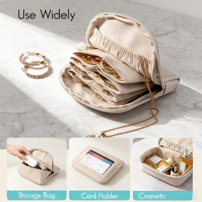 Travel Jewelry Case, Portable Jewelry Organizer with 6 Independent Layers, Small Pouch Bag for Necklace Bracelet Rings Earring Storage, Women Gift Idea (Beige)
