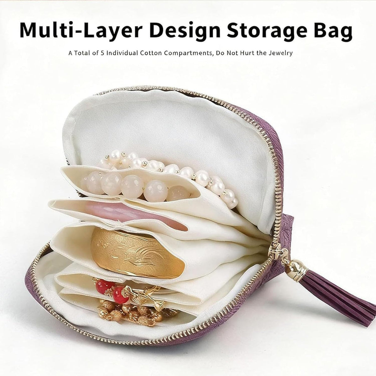 Travel Jewelry Case, Portable Jewelry Organizer with 6 Independent Layers, Small Pouch Bag for Necklace Bracelet Rings Earring Storage, Women Gift Idea (Beige)