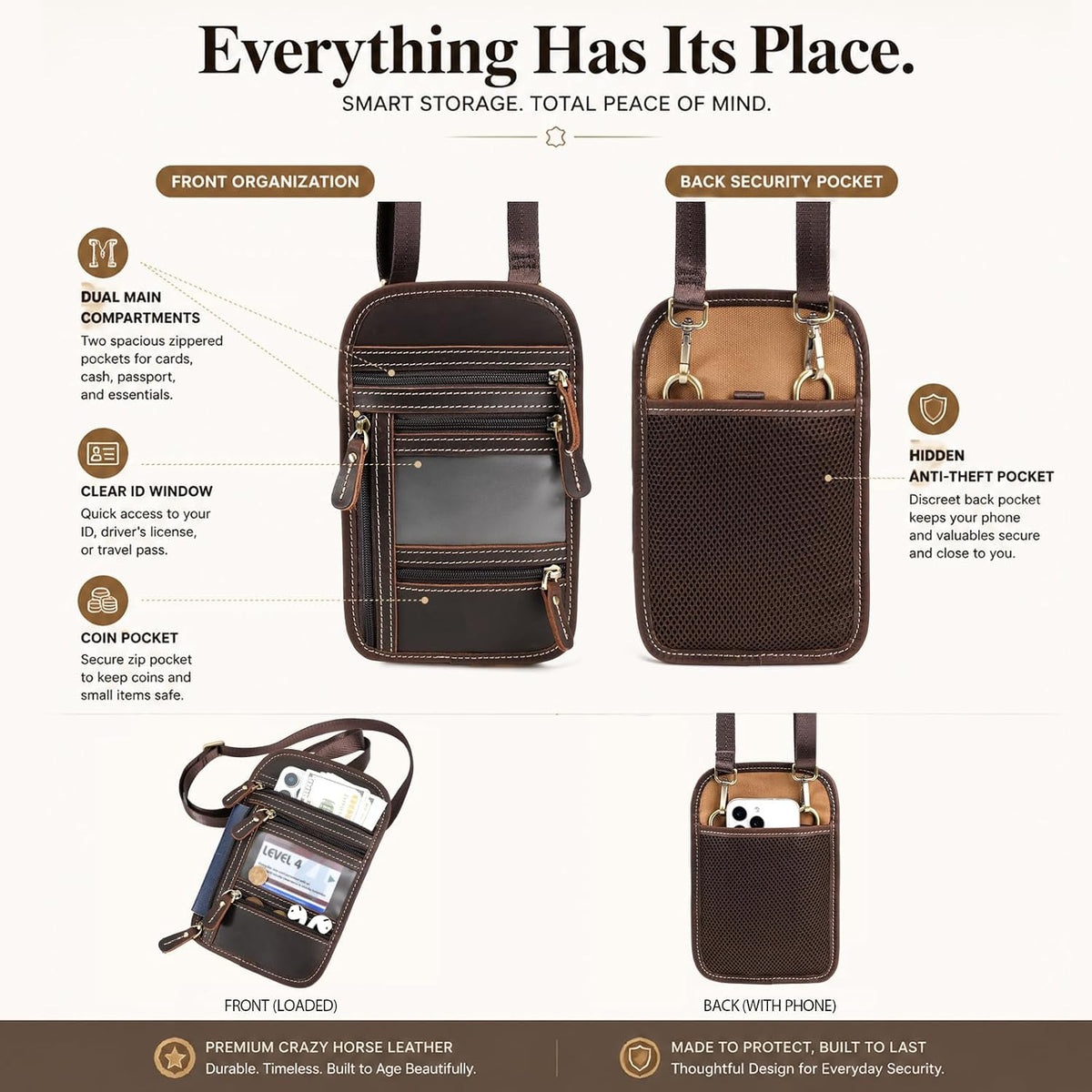 Full Grain Leather Neck Wallet, RFID Blocking Passport Travel Pouch, Coffee