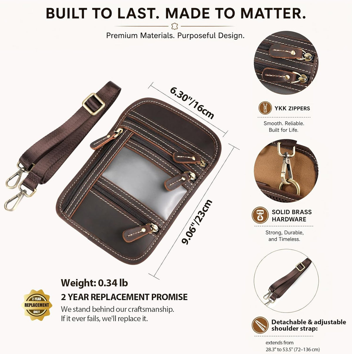 Full Grain Leather Neck Wallet, RFID Blocking Passport Travel Pouch, Coffee