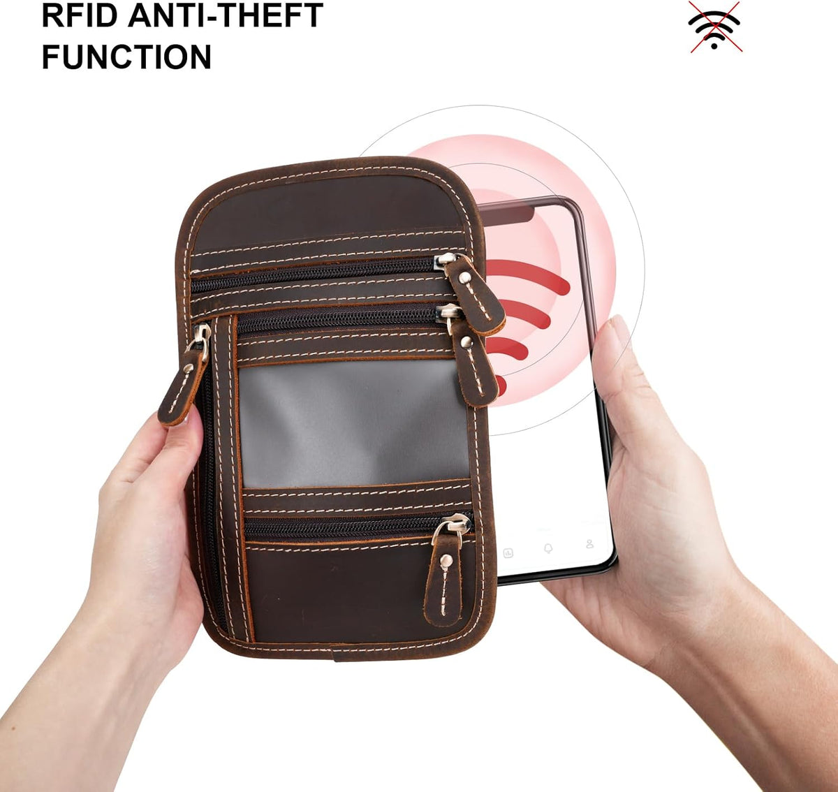 Full Grain Leather Neck Wallet, RFID Blocking Passport Travel Pouch, Coffee
