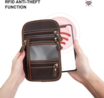 Full Grain Leather Neck Wallet, RFID Blocking Passport Travel Pouch, Coffee