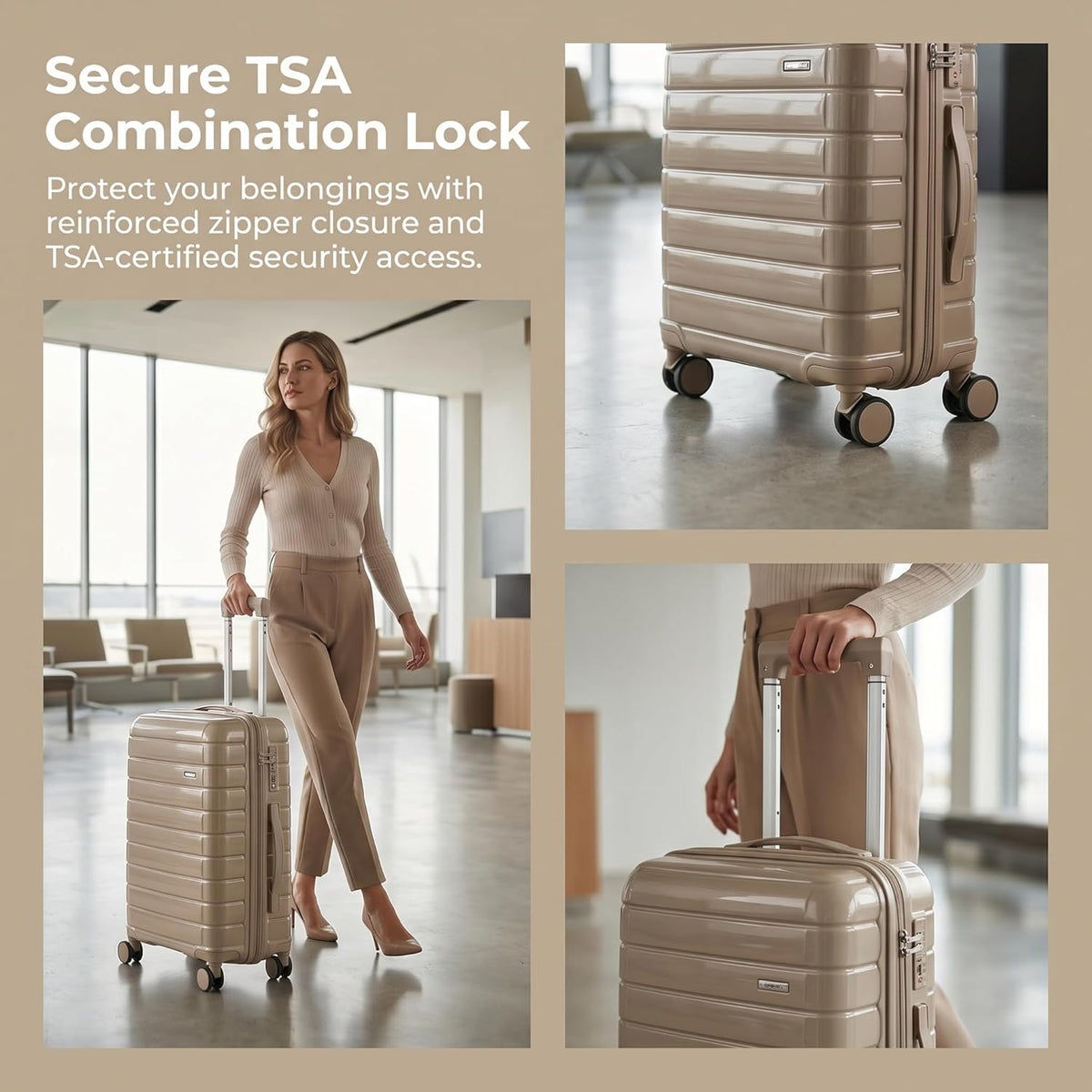 20 Inch Carry On Luggage, Lightweight Hard Shell Rolling Suitcase with Spinner Wheels, Airline Approved Hardside Travel Suitcase with Telescoping Handle (Champagne Beige)