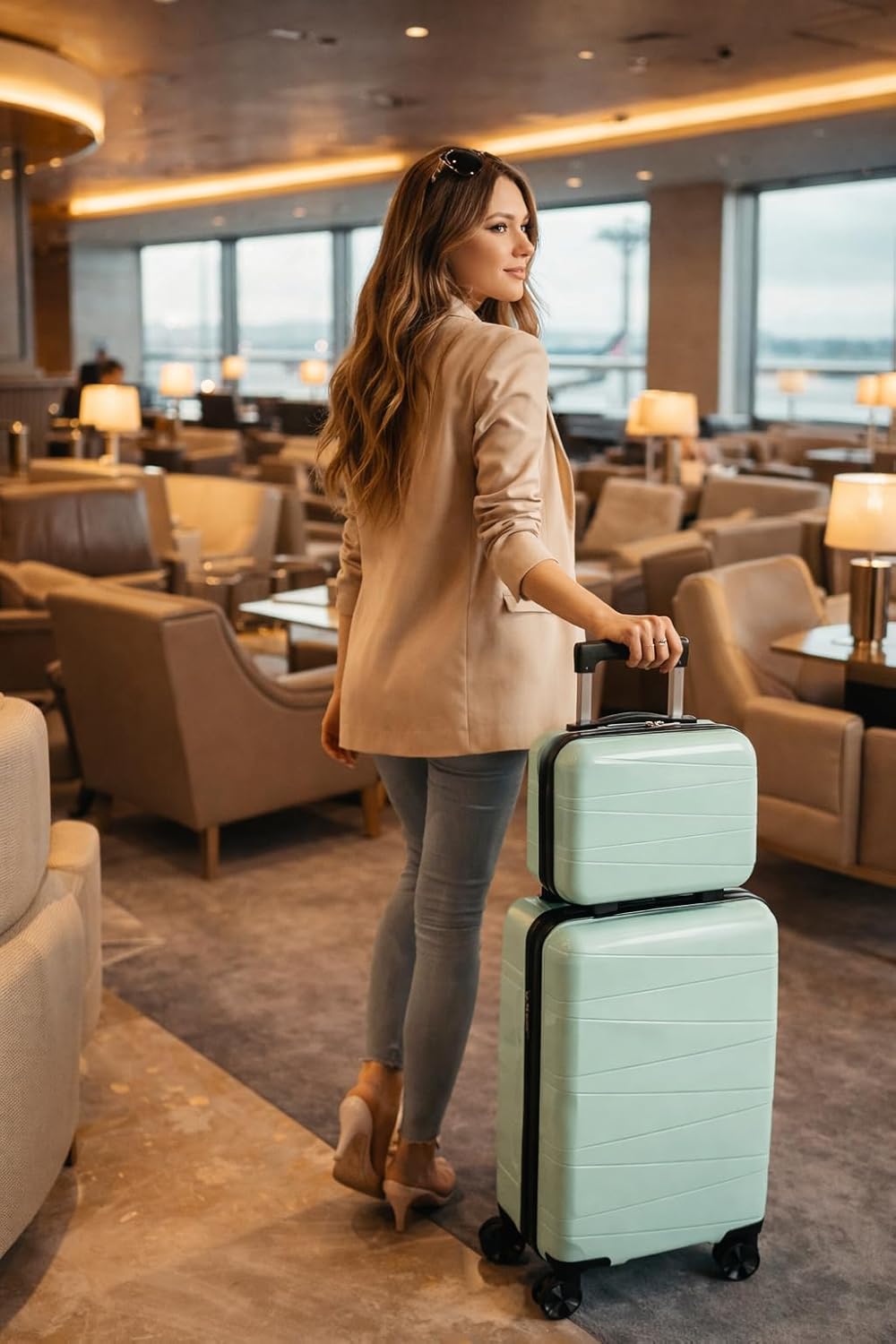 20 Inch Carry On Luggage, Lightweight Hard Shell Rolling Suitcase with Spinner Wheels, Airline Approved Hardside Travel Suitcase with Telescoping Handle (Champagne Beige)