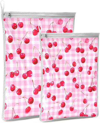 Mesh Laundry Bags Lingerie Bags for Washing Delicates 2 PCS Durable Wash Bag with Zipper Small and Medium Washable Pink Juicy Checkered Cherry - Colors B