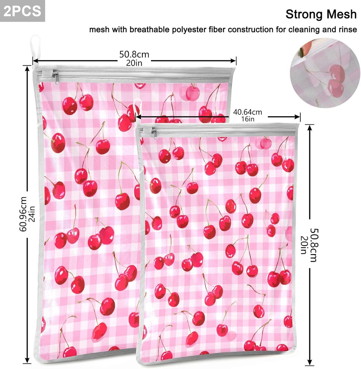 Mesh Laundry Bags Lingerie Bags for Washing Delicates 2 PCS Durable Wash Bag with Zipper Small and Medium Washable Pink Juicy Checkered Cherry - Colors B