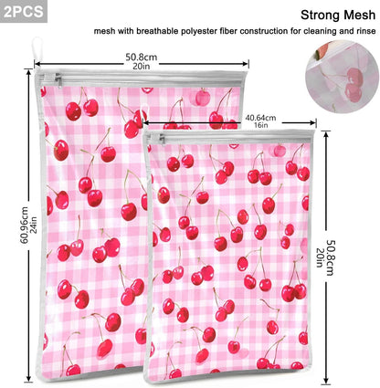 Mesh Laundry Bags Lingerie Bags for Washing Delicates 2 PCS Durable Wash Bag with Zipper Small and Medium Washable Pink Juicy Checkered Cherry - Colors B