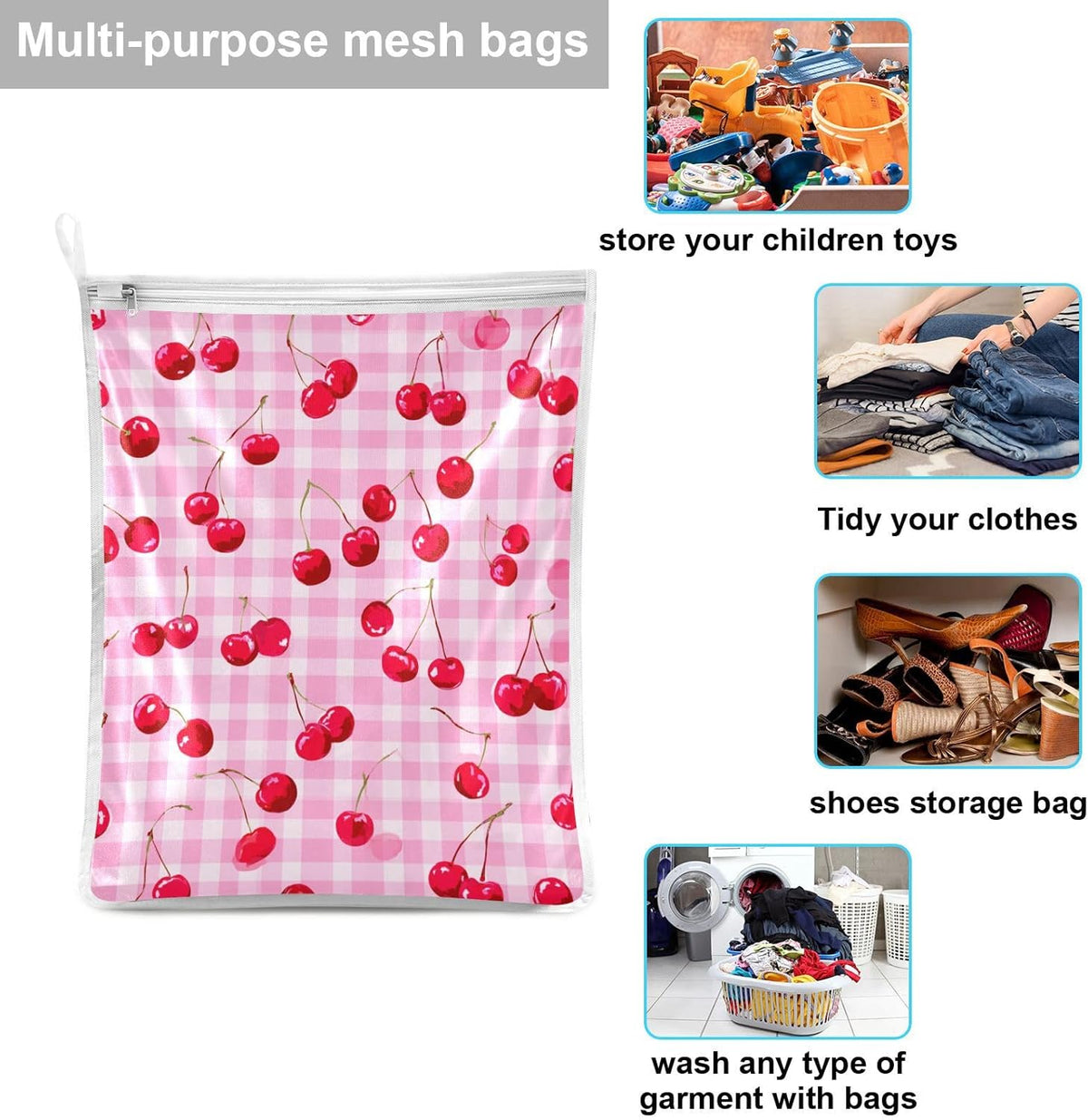 Mesh Laundry Bags Lingerie Bags for Washing Delicates 2 PCS Durable Wash Bag with Zipper Small and Medium Washable Pink Juicy Checkered Cherry - Colors B