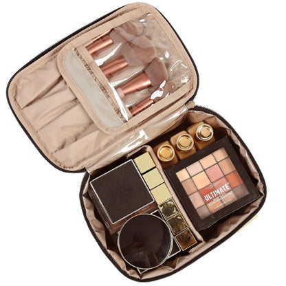Large Makeup Bag Organizer, Double Layer Cosmetic Travel Case | Spacious cosmetic organizer for brushes, bottles, makeup and skin care products, ideal for trips and daily use, Lake Blue