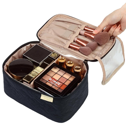 Large Makeup Bag Organizer, Double Layer Cosmetic Travel Case | Spacious cosmetic organizer for brushes, bottles, makeup and skin care products, ideal for trips and daily use, Lake Blue