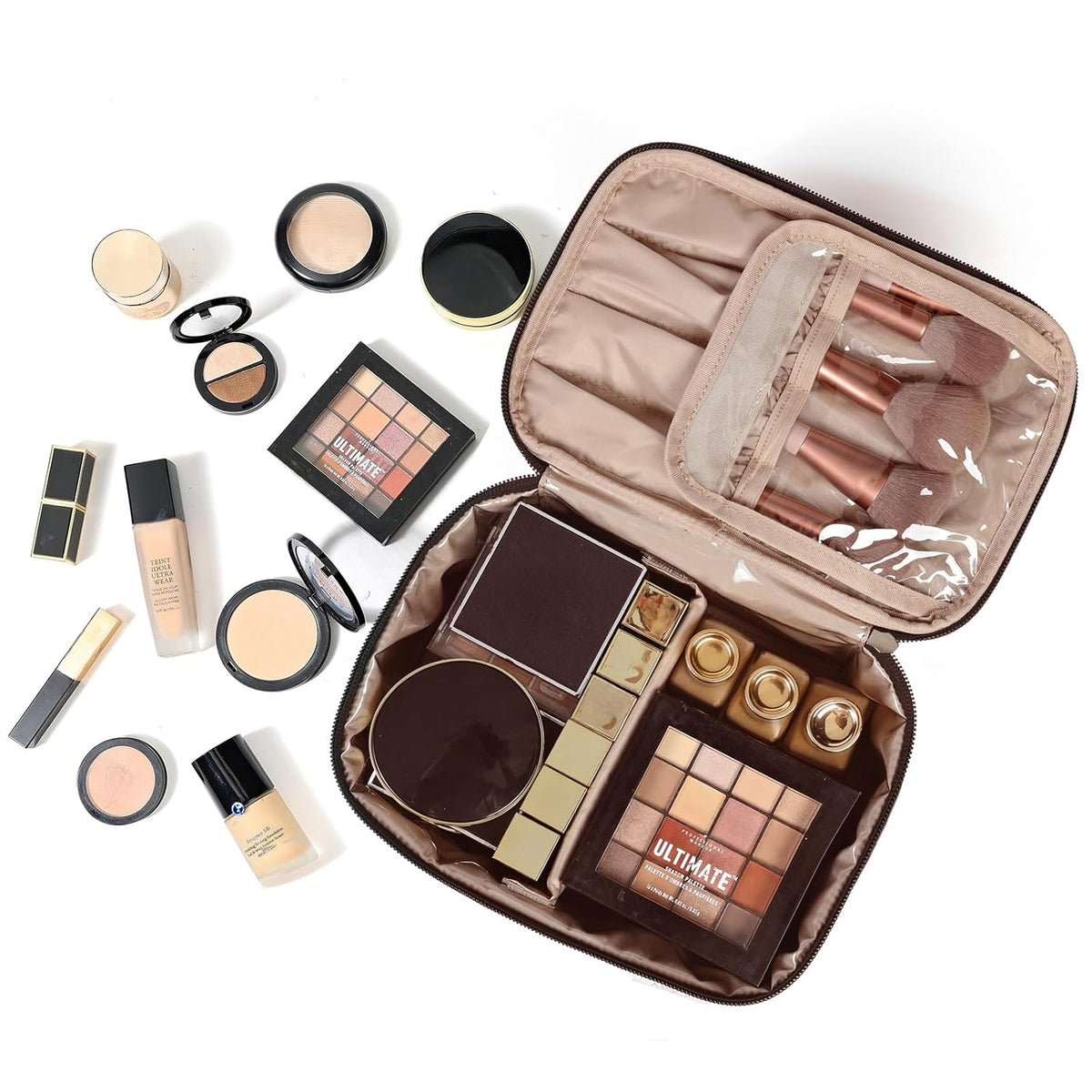 Large Makeup Bag Organizer, Double Layer Cosmetic Travel Case | Spacious cosmetic organizer for brushes, bottles, makeup and skin care products, ideal for trips and daily use, Lake Blue