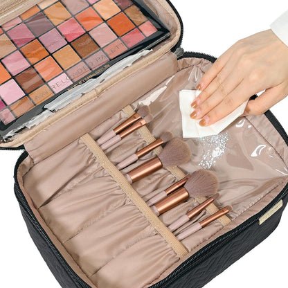 Large Makeup Bag Organizer, Double Layer Cosmetic Travel Case | Spacious cosmetic organizer for brushes, bottles, makeup and skin care products, ideal for trips and daily use, Lake Blue