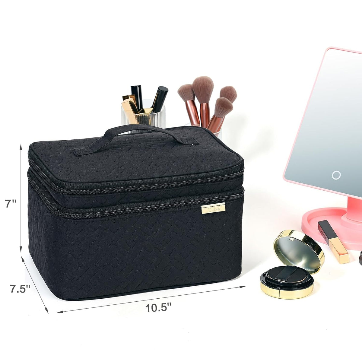 Large Makeup Bag Organizer, Double Layer Cosmetic Travel Case | Spacious cosmetic organizer for brushes, bottles, makeup and skin care products, ideal for trips and daily use, Lake Blue
