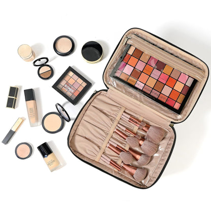 Large Makeup Bag Organizer, Double Layer Cosmetic Travel Case | Spacious cosmetic organizer for brushes, bottles, makeup and skin care products, ideal for trips and daily use, Lake Blue
