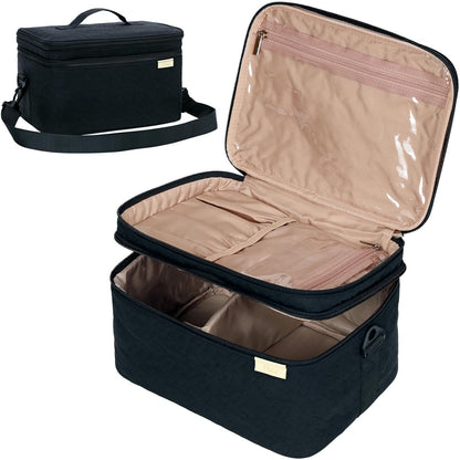 Large Makeup Bag Organizer, Double Layer Cosmetic Travel Case | Spacious cosmetic organizer for brushes, bottles, makeup and skin care products, ideal for trips and daily use, Lake Blue