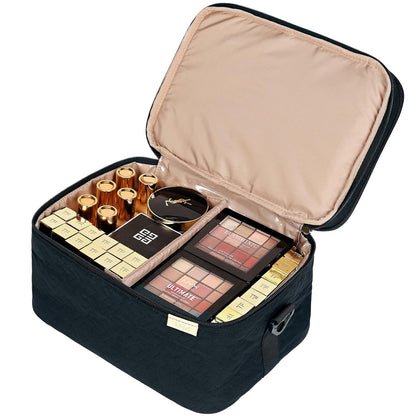 Large Makeup Bag Organizer, Double Layer Cosmetic Travel Case | Spacious cosmetic organizer for brushes, bottles, makeup and skin care products, ideal for trips and daily use, Lake Blue
