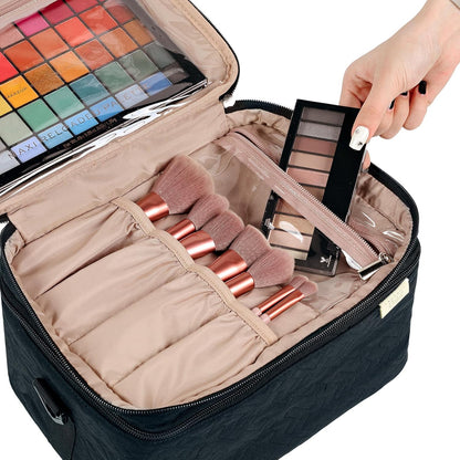 Large Makeup Bag Organizer, Double Layer Cosmetic Travel Case | Spacious cosmetic organizer for brushes, bottles, makeup and skin care products, ideal for trips and daily use, Lake Blue