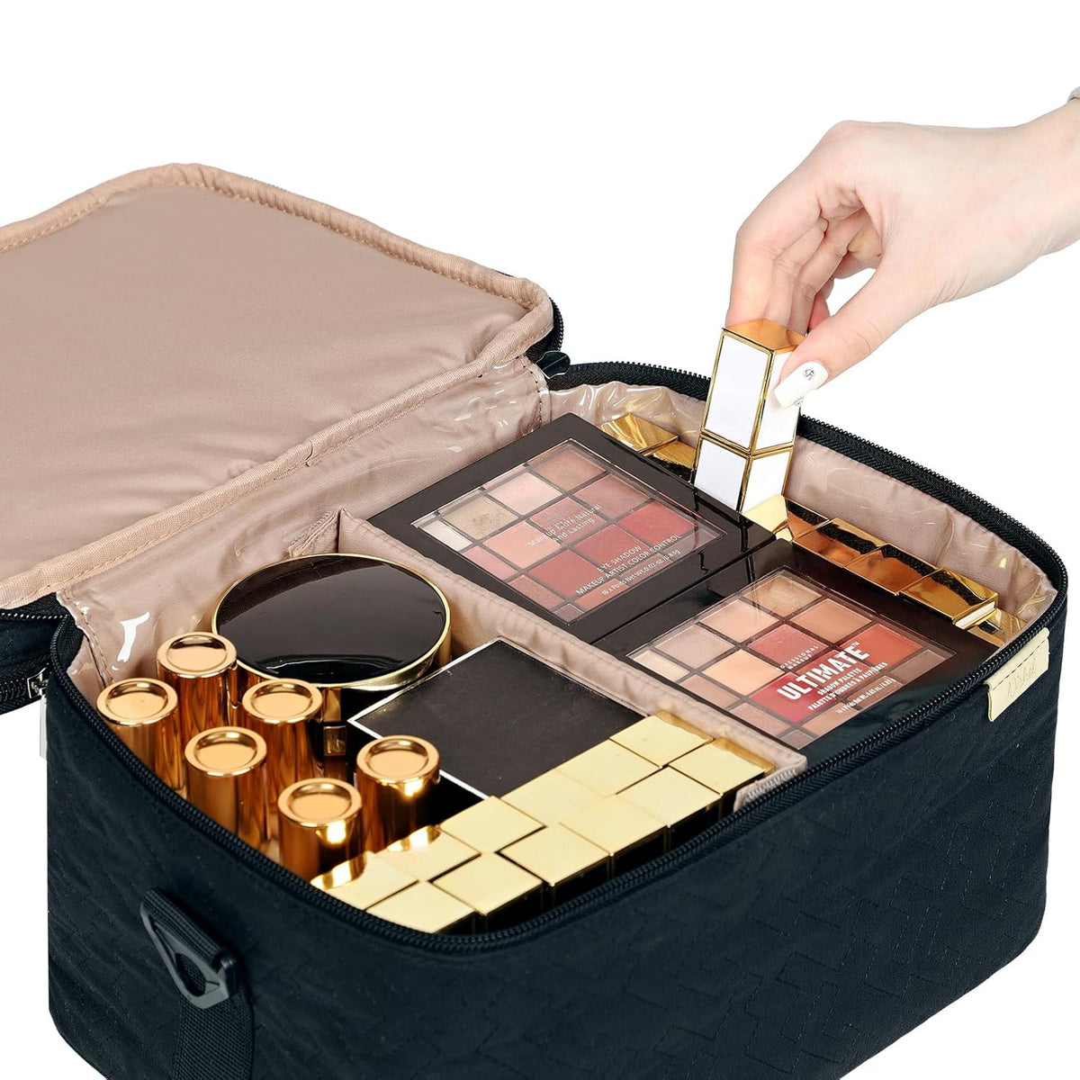 Large Makeup Bag Organizer, Double Layer Cosmetic Travel Case | Spacious cosmetic organizer for brushes, bottles, makeup and skin care products, ideal for trips and daily use, Lake Blue