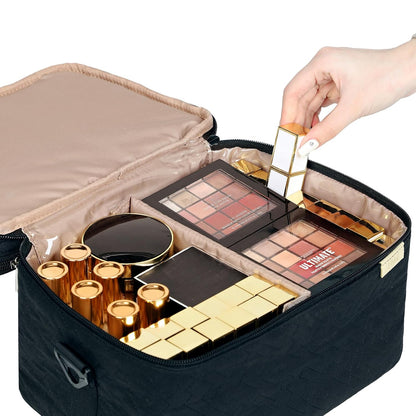 Large Makeup Bag Organizer, Double Layer Cosmetic Travel Case | Spacious cosmetic organizer for brushes, bottles, makeup and skin care products, ideal for trips and daily use, Lake Blue