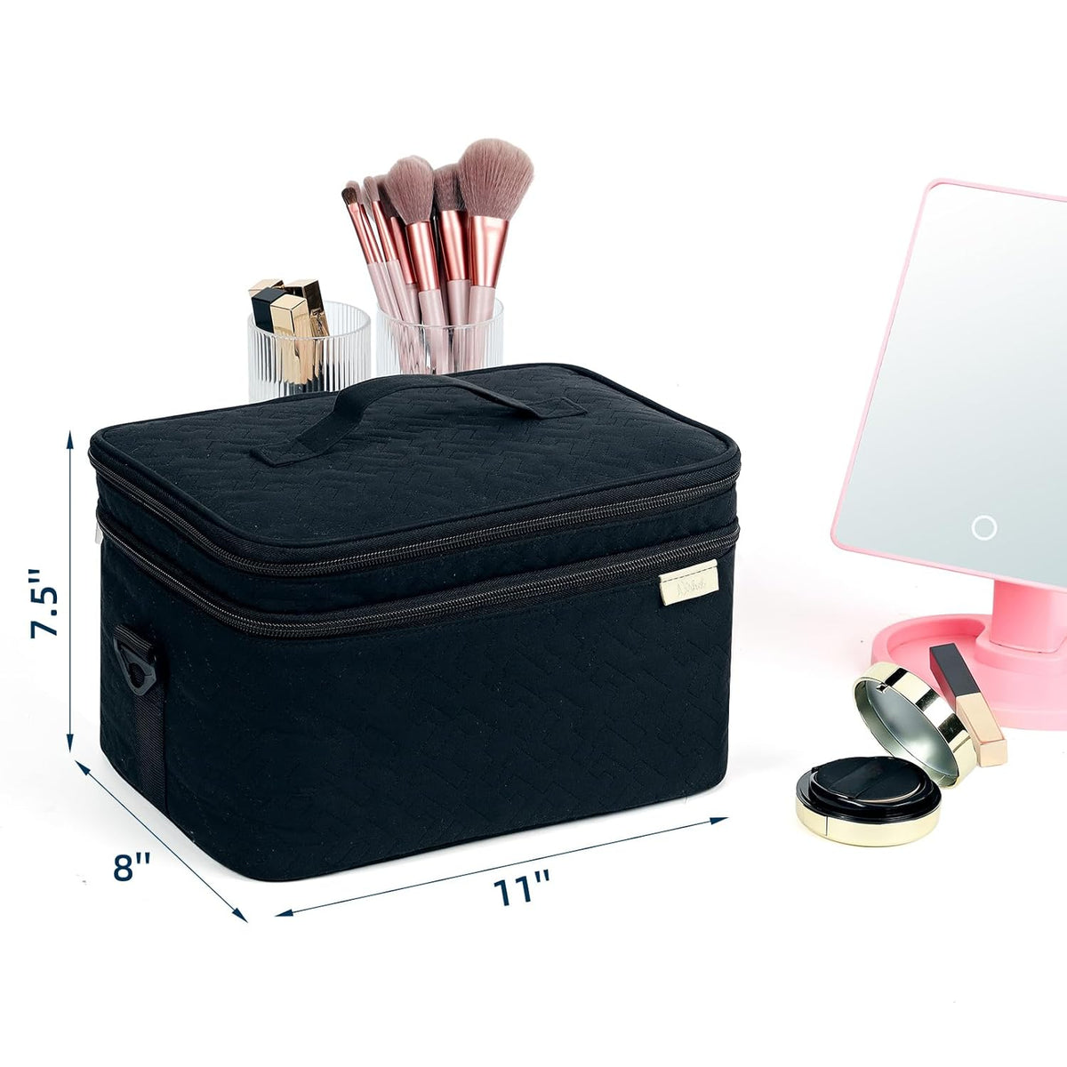Large Makeup Bag Organizer, Double Layer Cosmetic Travel Case | Spacious cosmetic organizer for brushes, bottles, makeup and skin care products, ideal for trips and daily use, Lake Blue