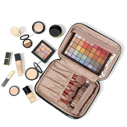 Large Makeup Bag Organizer, Double Layer Cosmetic Travel Case | Spacious cosmetic organizer for brushes, bottles, makeup and skin care products, ideal for trips and daily use, Lake Blue