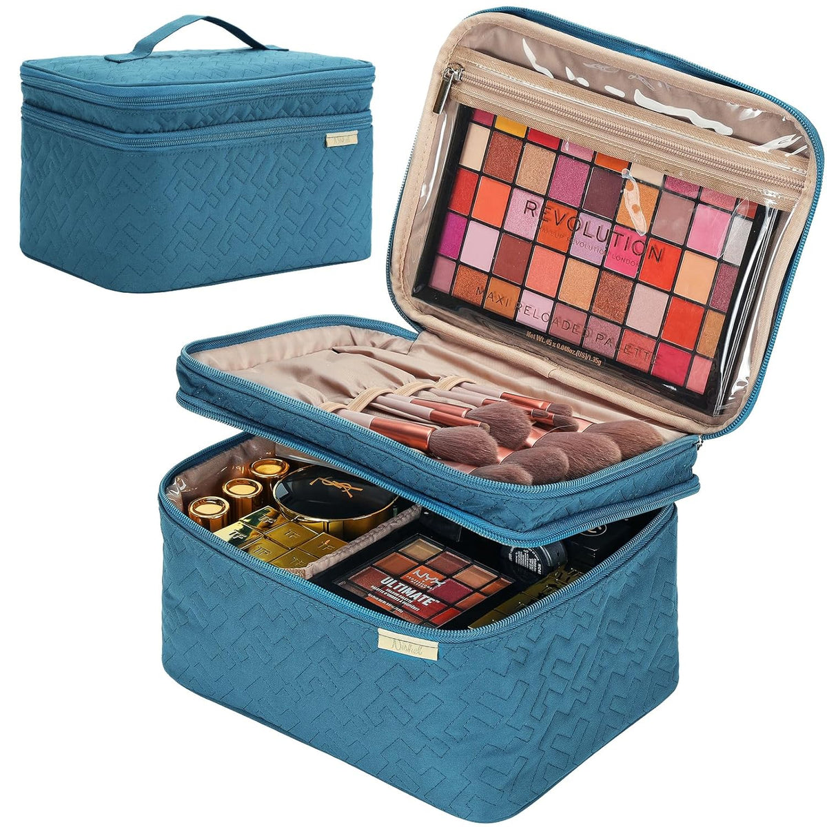 Large Makeup Bag Organizer, Double Layer Cosmetic Travel Case | Spacious cosmetic organizer for brushes, bottles, makeup and skin care products, ideal for trips and daily use, Lake Blue