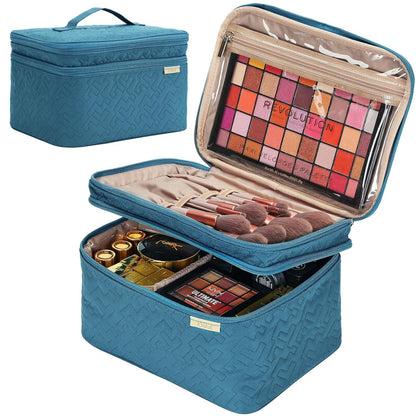 Large Makeup Bag Organizer, Double Layer Cosmetic Travel Case | Spacious cosmetic organizer for brushes, bottles, makeup and skin care products, ideal for trips and daily use, Lake Blue
