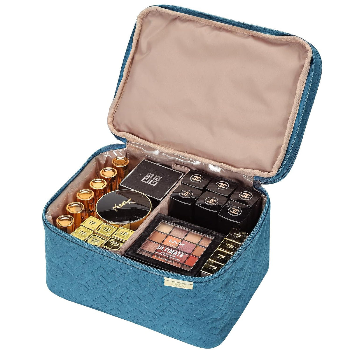 Large Makeup Bag Organizer, Double Layer Cosmetic Travel Case | Spacious cosmetic organizer for brushes, bottles, makeup and skin care products, ideal for trips and daily use, Lake Blue