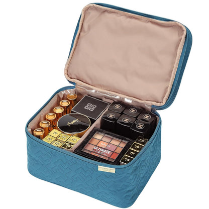 Large Makeup Bag Organizer, Double Layer Cosmetic Travel Case | Spacious cosmetic organizer for brushes, bottles, makeup and skin care products, ideal for trips and daily use, Lake Blue