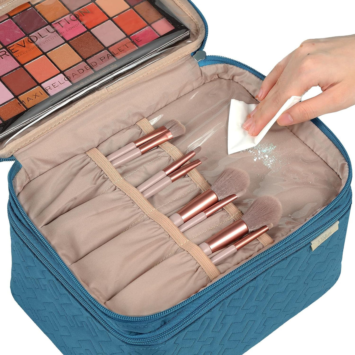 Large Makeup Bag Organizer, Double Layer Cosmetic Travel Case | Spacious cosmetic organizer for brushes, bottles, makeup and skin care products, ideal for trips and daily use, Lake Blue