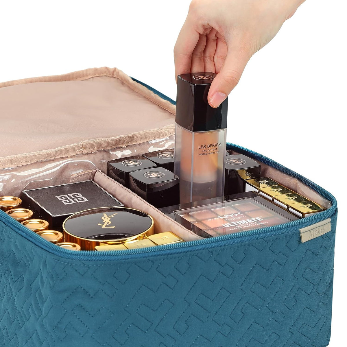 Large Makeup Bag Organizer, Double Layer Cosmetic Travel Case | Spacious cosmetic organizer for brushes, bottles, makeup and skin care products, ideal for trips and daily use, Lake Blue