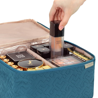 Large Makeup Bag Organizer, Double Layer Cosmetic Travel Case | Spacious cosmetic organizer for brushes, bottles, makeup and skin care products, ideal for trips and daily use, Lake Blue