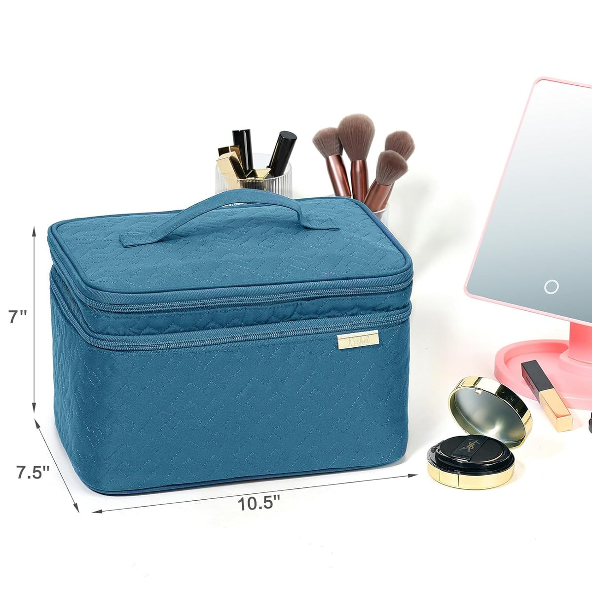 Large Makeup Bag Organizer, Double Layer Cosmetic Travel Case | Spacious cosmetic organizer for brushes, bottles, makeup and skin care products, ideal for trips and daily use, Lake Blue