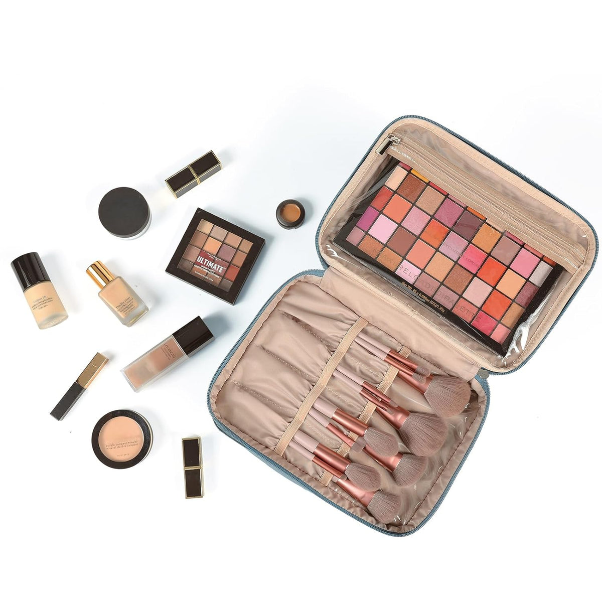 Large Makeup Bag Organizer, Double Layer Cosmetic Travel Case | Spacious cosmetic organizer for brushes, bottles, makeup and skin care products, ideal for trips and daily use, Lake Blue