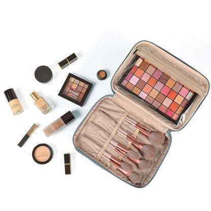 Large Makeup Bag Organizer, Double Layer Cosmetic Travel Case | Spacious cosmetic organizer for brushes, bottles, makeup and skin care products, ideal for trips and daily use, Lake Blue