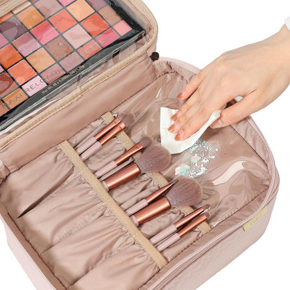 Large Makeup Bag Organizer, Double Layer Cosmetic Travel Case | Spacious cosmetic organizer for brushes, bottles, makeup and skin care products, ideal for trips and daily use, Lake Blue