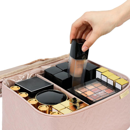Large Makeup Bag Organizer, Double Layer Cosmetic Travel Case | Spacious cosmetic organizer for brushes, bottles, makeup and skin care products, ideal for trips and daily use, Lake Blue