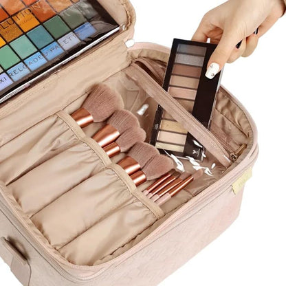 Large Makeup Bag Organizer, Double Layer Cosmetic Travel Case | Spacious cosmetic organizer for brushes, bottles, makeup and skin care products, ideal for trips and daily use, Lake Blue