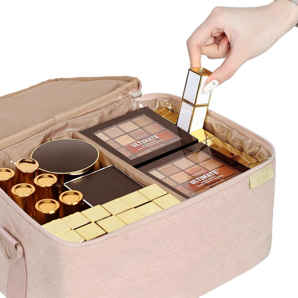 Large Makeup Bag Organizer, Double Layer Cosmetic Travel Case | Spacious cosmetic organizer for brushes, bottles, makeup and skin care products, ideal for trips and daily use, Lake Blue