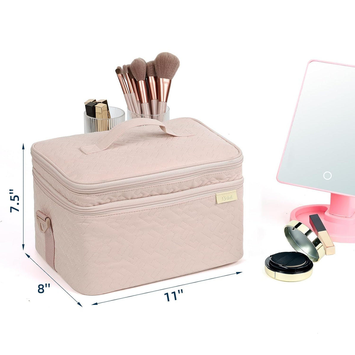 Large Makeup Bag Organizer, Double Layer Cosmetic Travel Case | Spacious cosmetic organizer for brushes, bottles, makeup and skin care products, ideal for trips and daily use, Lake Blue