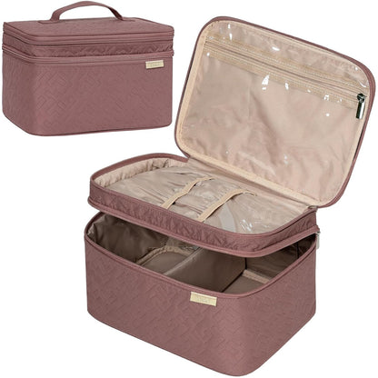 Large Makeup Bag Organizer, Double Layer Cosmetic Travel Case | Spacious cosmetic organizer for brushes, bottles, makeup and skin care products, ideal for trips and daily use, Lake Blue