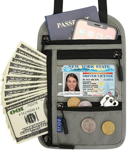 Travel Neck Wallet Pouch Passport Holder Cell Phone Purse Crossbody Bag for iPhone 15 Pro Max 16 14 Plus 13 12 Mini 11, Galaxy S25 Ultra S24 S23 S22 Plus S21 S20 FE Note 20 A16 A15, Pixel 9 8a (Gray)