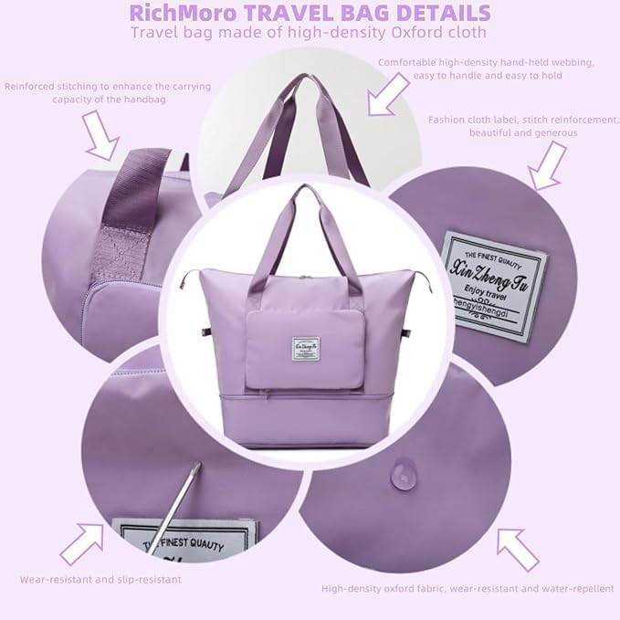 Large Capacity Foldable Travel Bag, Expandable lightweight Carry on Bag, Dry with Wet Separation Spor Duffel Bags (Sweet Powder)
