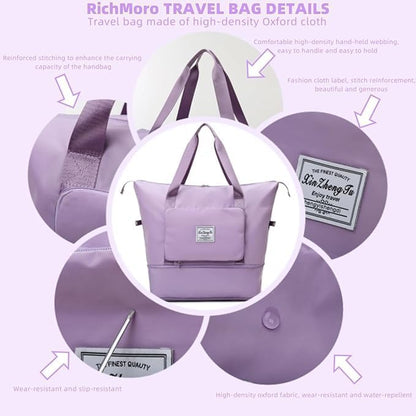 Large Capacity Foldable Travel Bag, Expandable lightweight Carry on Bag, Dry with Wet Separation Spor Duffel Bags (Sweet Powder)