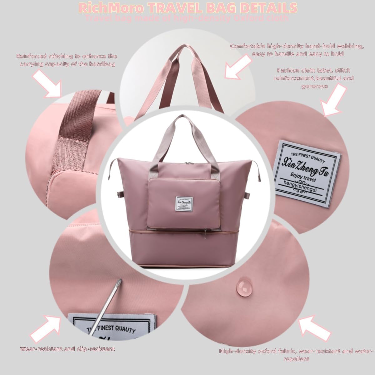 Large Capacity Foldable Travel Bag, Expandable lightweight Carry on Bag, Dry with Wet Separation Spor Duffel Bags (Sweet Powder)